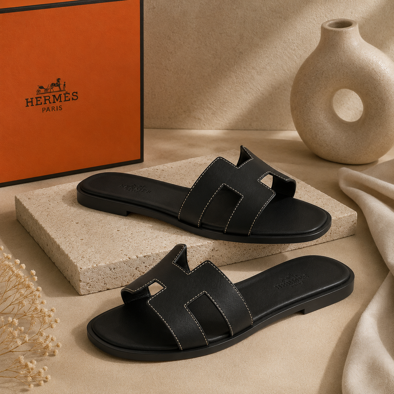 Rasteira Hermès Oran Couro Caviar