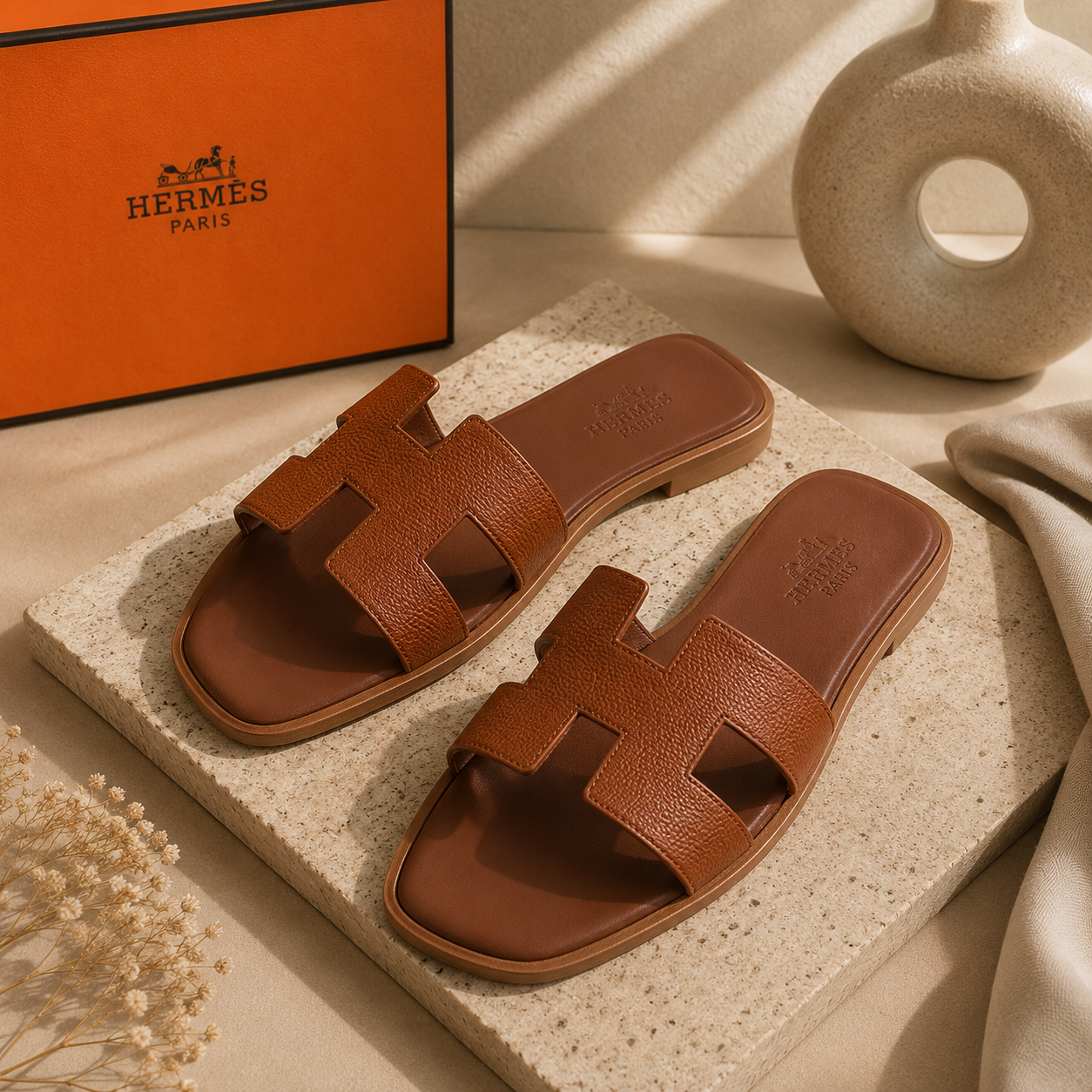 Rasteira Hermès Oran Couro Caviar