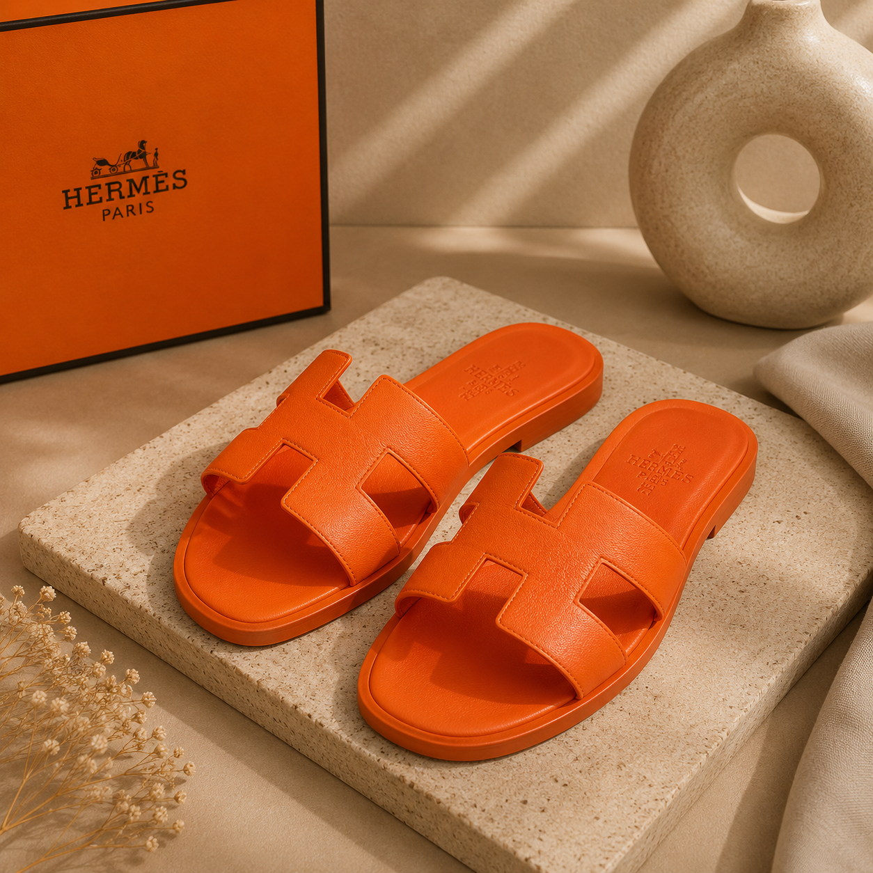 Rasteira Hermès Oran Couro Caviar