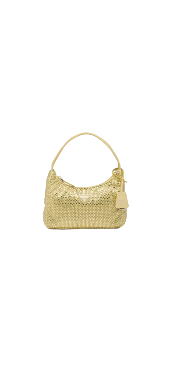 Bolsa Prada mini em cetim com cristais dourada